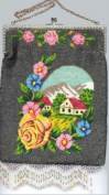 "Looking Glass"  Mountain Scenic Beaded Purse with Flowers and Sapphire Jeweled Frame