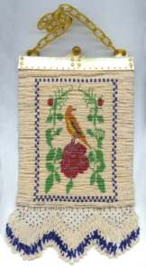 Pretty Bird and Berries on Rose with Ornate Lattice Fringe and Mother-of-Pearl Celluloid Frame