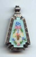 Baby Blue Double-Sided Enamel Guilloche Purse Perfume with Flower Basket WIDTH=