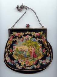 Petitpoint Purse w/ DOUBLE FIGURAL - Scene - Romantic Couple on Front, Same Couple on Back w/Dog - Jeweled Clasp and Original John Wanamaker Box