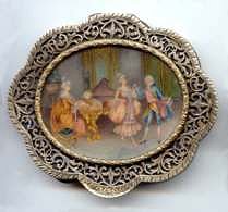 Italian Sterling Vermeil Figural Compact featuring Ballroom Dancing Scene with Lady at Piano Beneath Beveled Glass ~Ornate Scalloped Filigreed Case ~