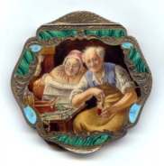 RARE Italian Sterling Vermeil Figural Compact featuring Elderly Couple in Interior Setting