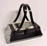 Fabulous Black and Clear Lucite Purse with Crosscut Crystal Sides and Carved Flower on Lid