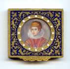 RARE  Hand-Painted Portrait on Ivory Italian Sterling Vermeil Figural Compact - Unused!