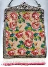 Floral Beaded "Carpet" Design Purse w/ Filigreed Alpacca Silver Frame w/ Figural Children