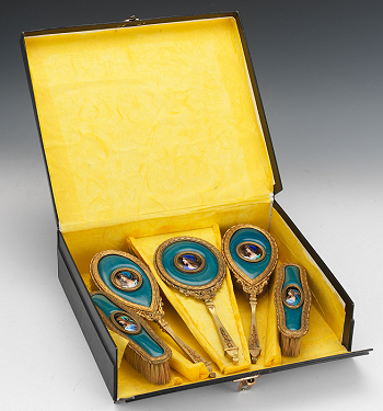 French Bronze Enamel Guilloche Vanity Set