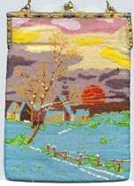 Scenic Venetian Beaded Purse with Winter Scene, Beautiful Sunset! and DOUBLE SIDED Jeweled and Enameled Frame