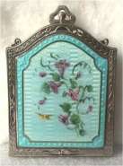 Tiny Golden Bird and Purple Flowers on Aqua Enamel Guilloche