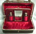 Gladstone Leather Lady's Traveling Bag with All Contents:  Perfume Bottles, Manicure Set, Mirrors, and Notebook with History ... from England