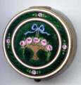 Deep Emerald Green Enamel Guilloche Compact w/ Basket of Roses and Blue Ribbon