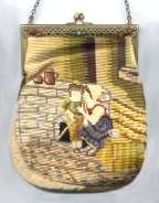 Figural Double-Scenic Petitpoint Purse Featuring Two Children on Front, House on Back and Filigreed Jeweled Frame