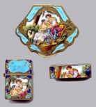 RARE MATCHING SET!!  Italian Sterling Vermeil Pastoral Scenic Enamel with Courting Couple from Florence, Italy, including Original Box for Lipstick