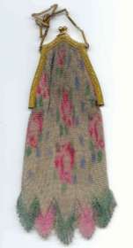 Whiting and Davis Dresden Mesh Purse with Cathedral Frame, Pretty Roses, and Lovely Scalloped Fringe